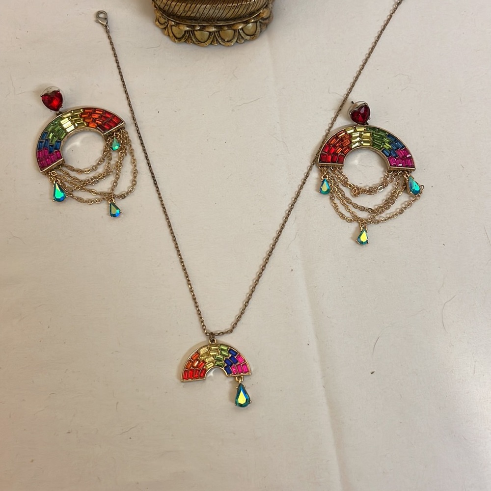 Betsy Johnson Rainbow pride Necklace Red Heart Earrings Set